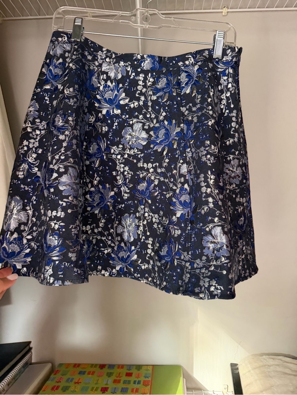 As U Wish Navy Floral Skater Skirt with Blue & Silver Accents